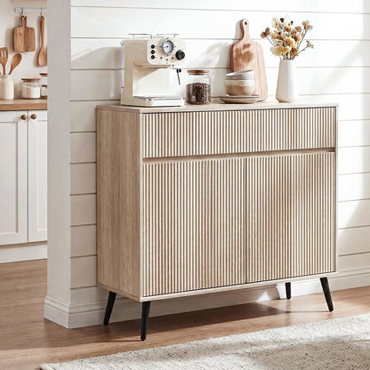 31" Small Fluted Sideboard Buffet Cabinet, Light Oak.