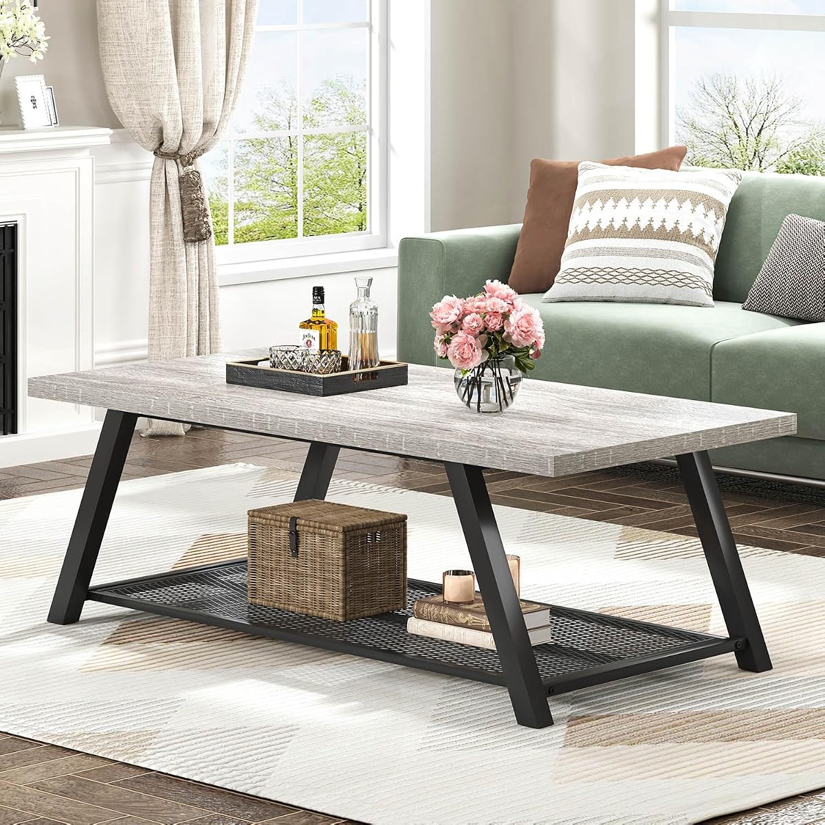 Industrial Coffee Tables for Living Room with Storage, Rustic Wood and Metal Coffee Table, Modern Rectangle Center Cocktail Tea Table, Light Grey, 47 Inch