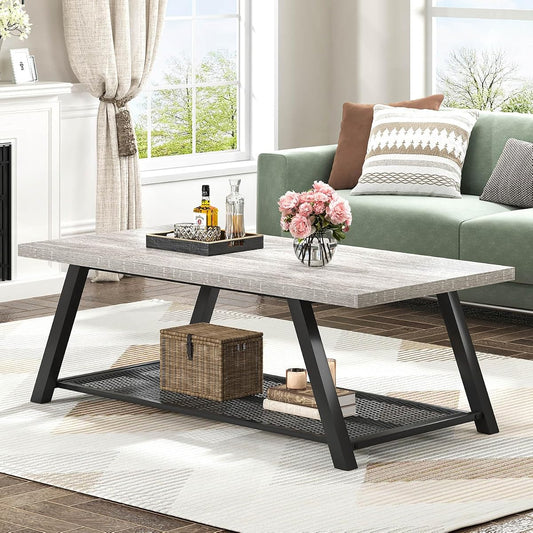 Industrial Coffee Tables for Living Room with Storage, Rustic Wood and Metal Coffee Table, Modern Rectangle Center Cocktail Tea Table, Light Grey, 47 Inch