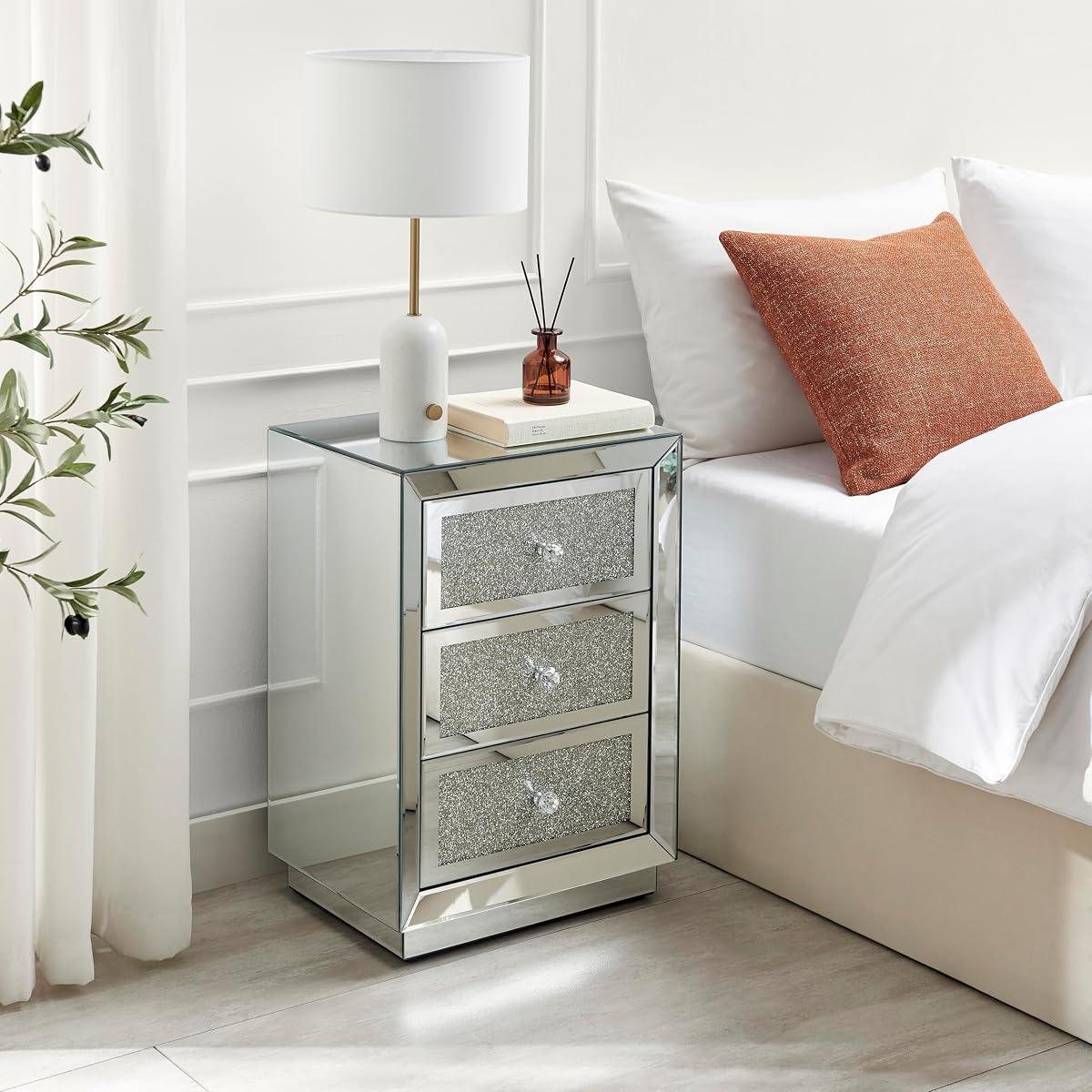Stella Crushed Diamon Mirrored Crystal Bedside Table Bedside Cabinet Modern Stylish 3 Drawer Bedroom Storage Bedroom Furniture