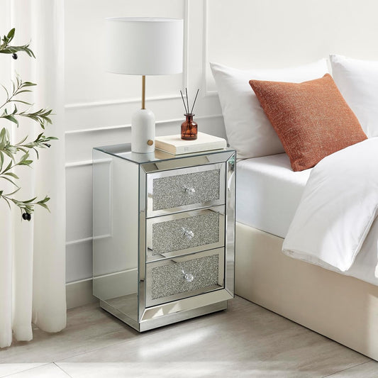Mirrored crystal bedside table with three drawers