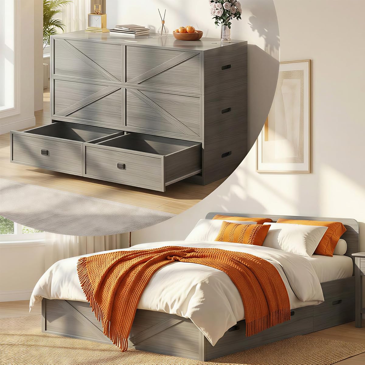 4-in-1 Queen Murphy Bed with Mattress Included & Extra Large Drawers, Multifunctional Cabinet Bed that Converts to Sofa Set for Small Spaces/Guest Bedroom/Living Room, Grey