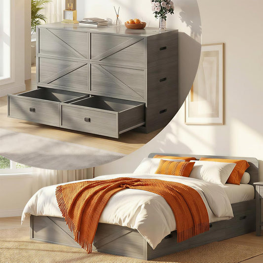 4-in-1 Queen Murphy Bed with Mattress Included & Extra Large Drawers, Multifunctional Cabinet Bed that Converts to Sofa Set for Small Spaces/Guest Bedroom/Living Room, Grey