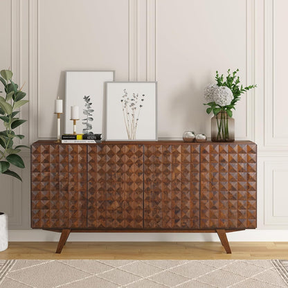 Sapa Mid-Century Modern Solid Wood Sideboard – 4-Door Accent Buffet Cabinet