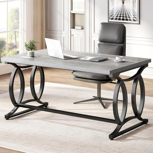 Home Office Computer Desk, Modern Wood Metal Writing Desk, Gray, 55Inch