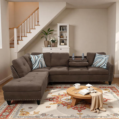 L-Shaped Sectional Sofa, Modern 4-Seat Couch with Built-in Cup Holders, Upholstered Fabric Sectional Couch with Left Facing Chaise for Living Room, Apartment, Office, Brown