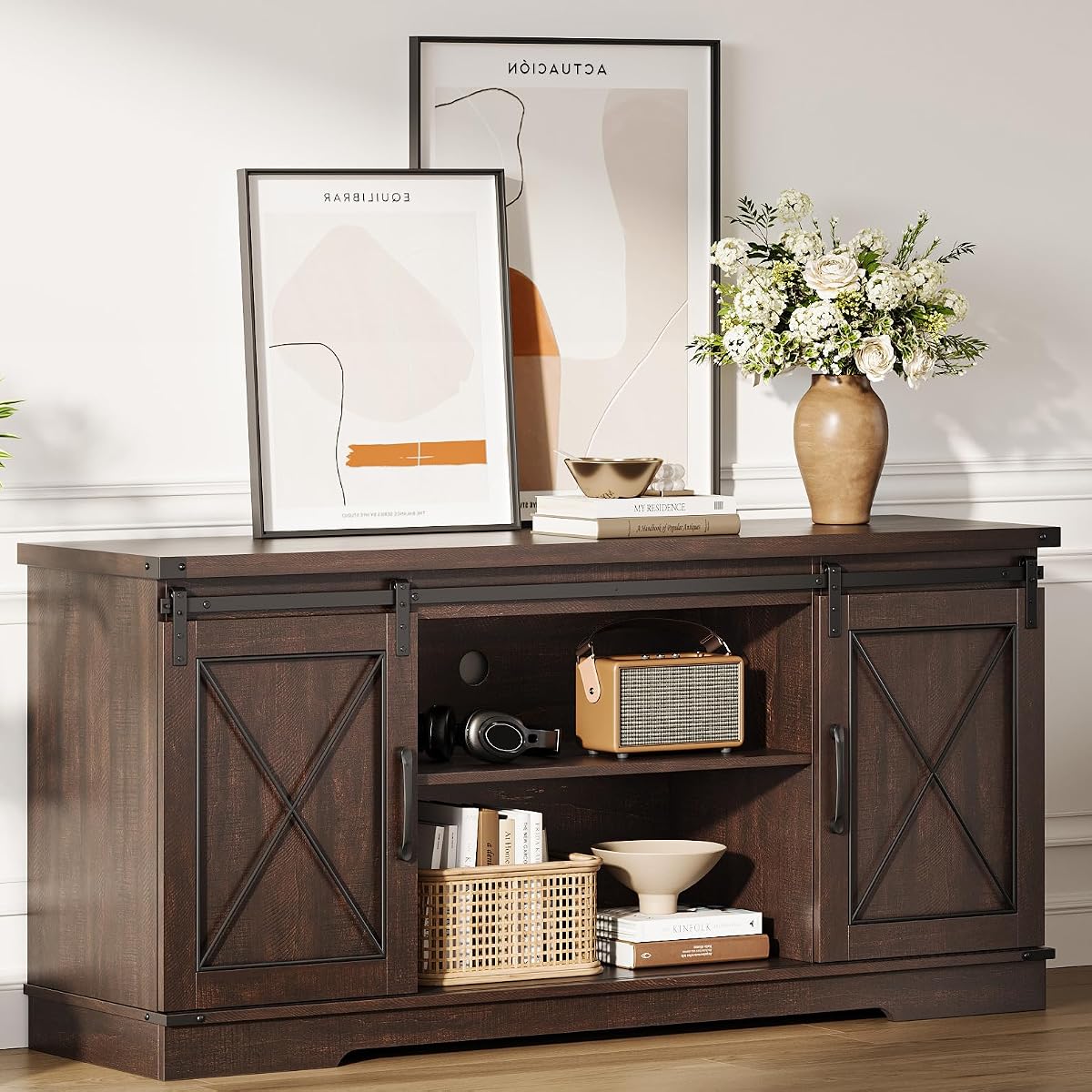 Farmhouse TV Stand for TVs up to 65 inches, Brown