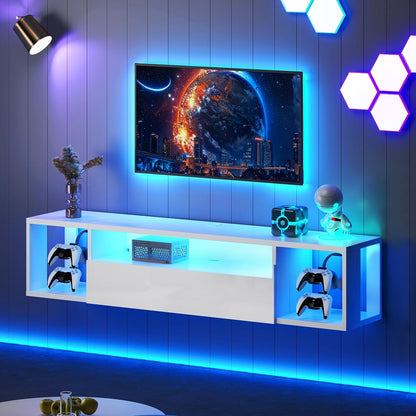 55.1" W Floating TV Stand with LED, Wooden Entertainment Center