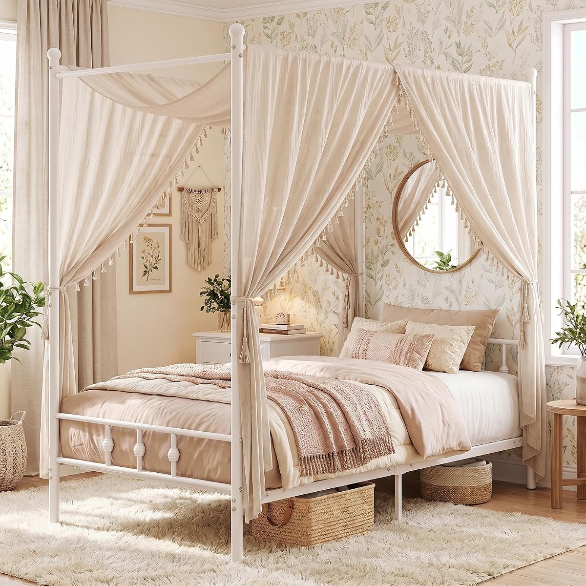 Twin Canopy Bed Frame with Headboard and Footboard (White)