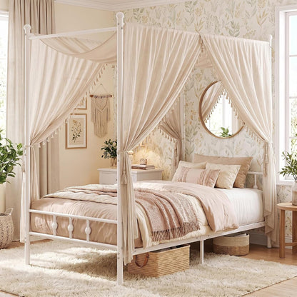 Twin Canopy Bed Frame with Headboard and Footboard (White)