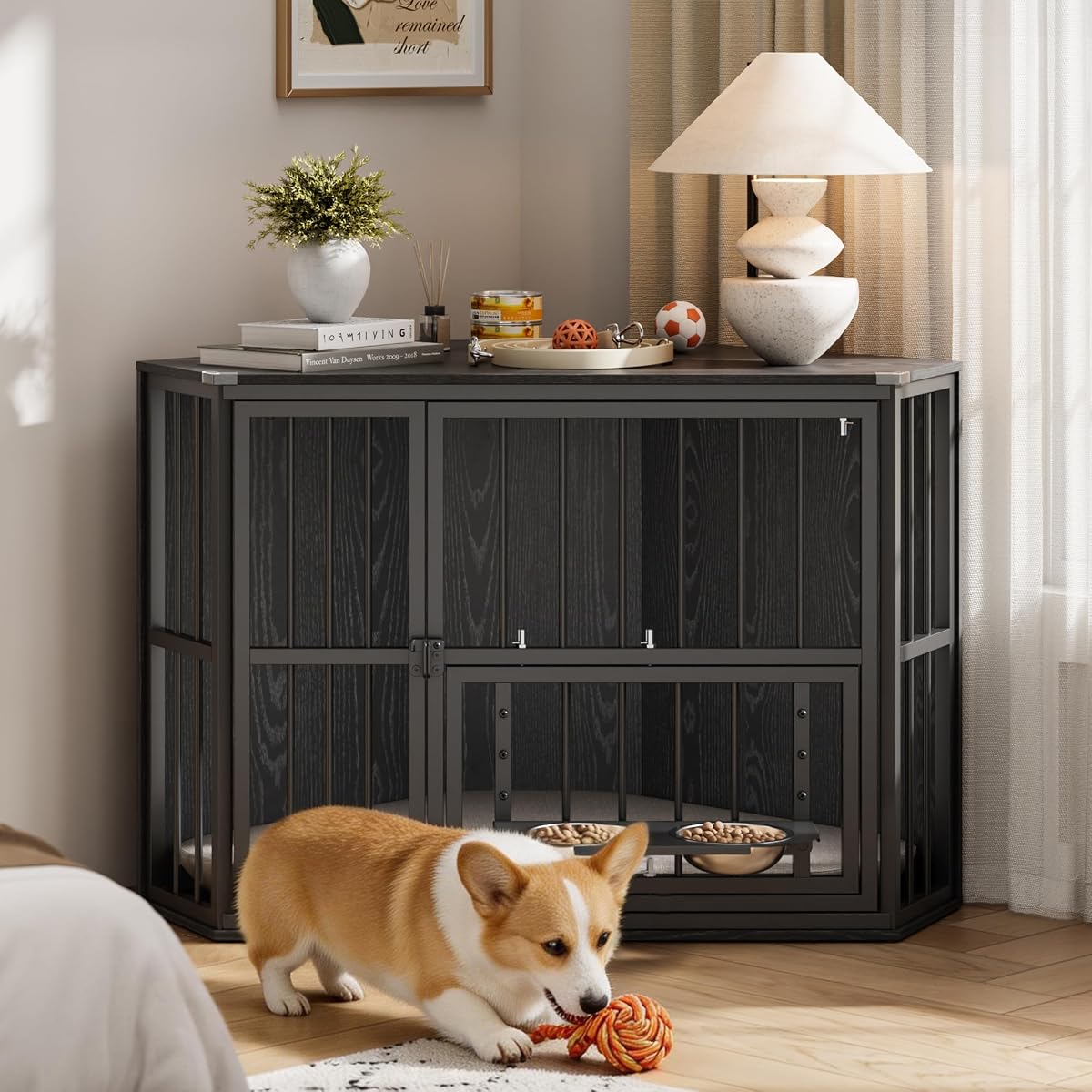42.5" Corner Dog Crate Furniture with Feeding Bowl, Black