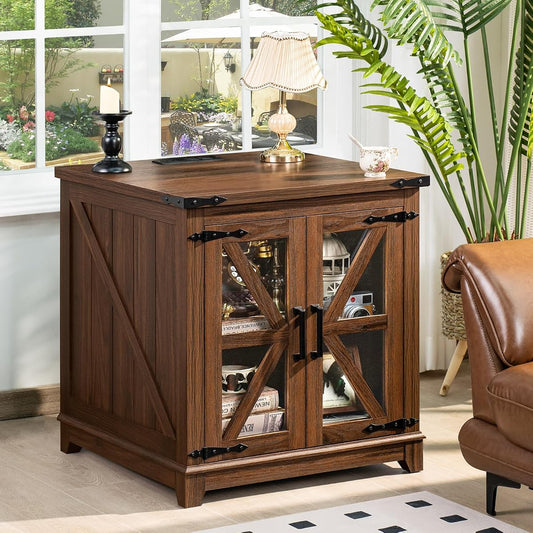 Farmhouse End Table with Charging Station, 24" Large Sofa Side Table with Glass Barn Door, Nightstand with Adjustable Storage Shelf,Wood Square Bedside Table for Living Room,Bedroom