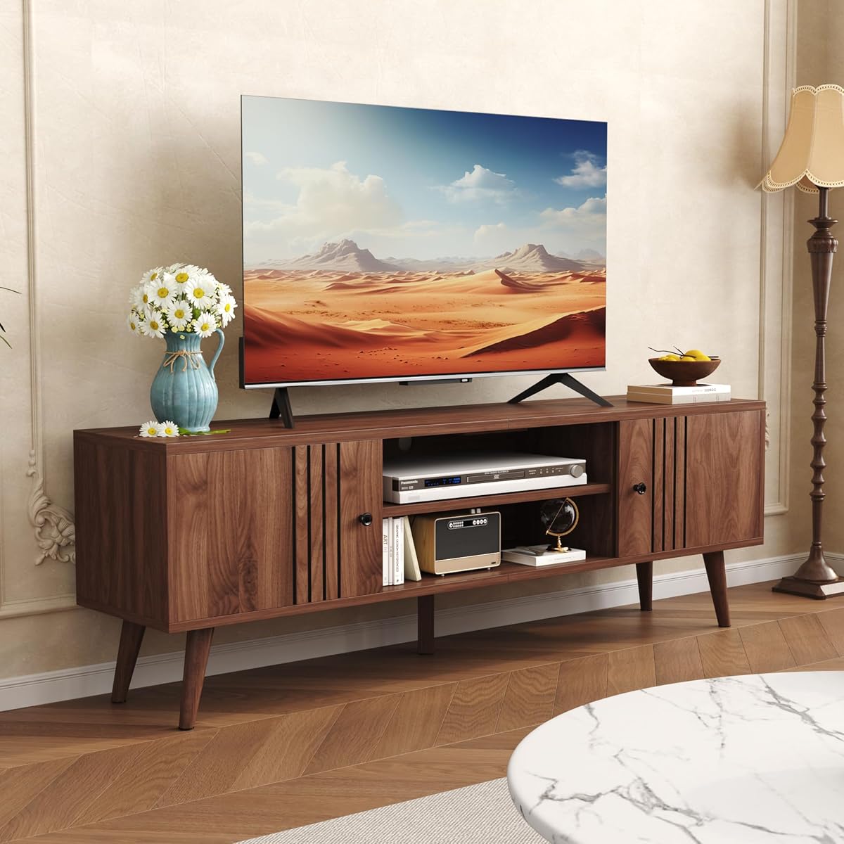 TV Stand for 65/60/55 Inches, Mid-Century Modern TV Stand with Storage