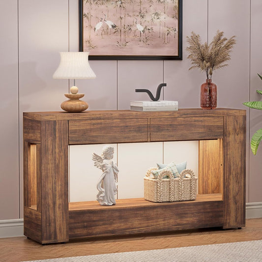 Farmhouse Entryway Table with Storage Drawers and LED Lighting, 55 Inch Long Narrow Console Sofa Table for Hallway Table Entrance Living Room, Rustic Brown