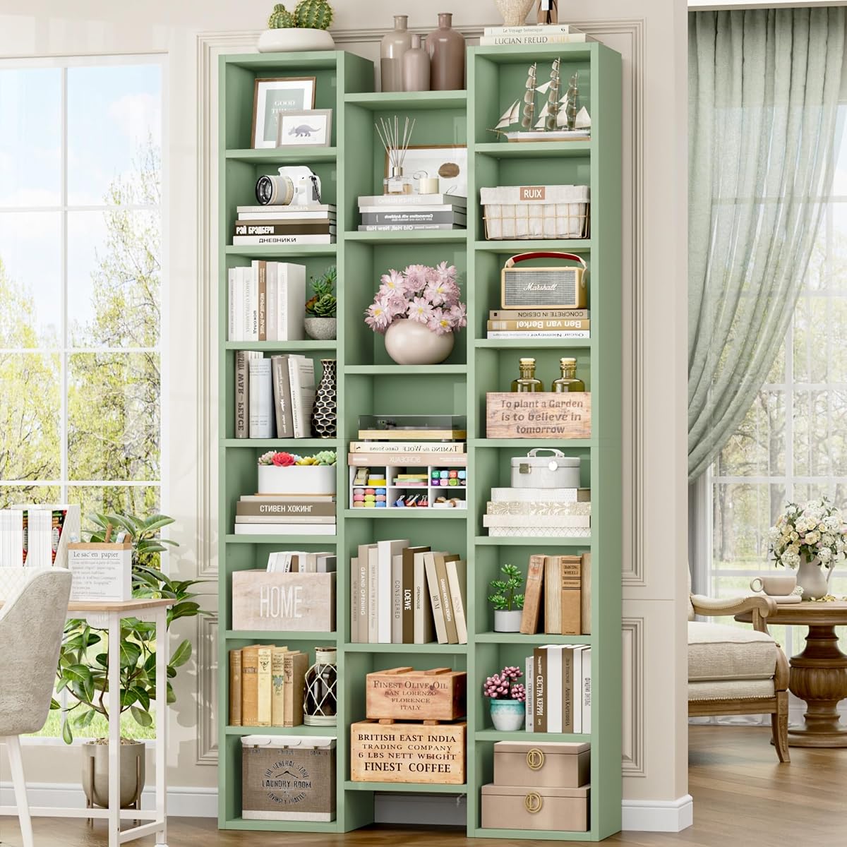 71'' Tall Bookshelf with 21 Cubes, 8 Tier Triple Wide Bookshelf with 8 Adjustable Shelves, 35" Large Bookcase DVD/CD Media Tower Storage, Freestanding Display Shelf Cabinet, Green