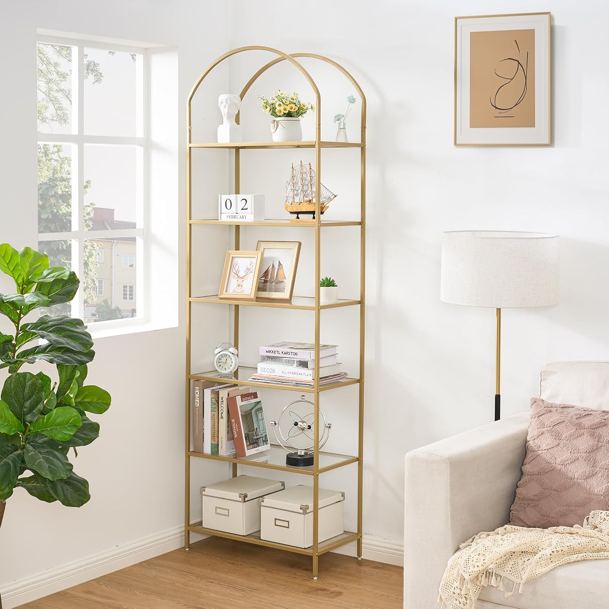 6-Tier Tall Gold Bookshelf, Arched Bookcase with Glass Shelves