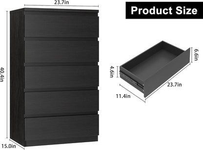 Black 5 Drawer Dresser for Bedroom, 15" D X 23.7" W X 40.4" H in Simply Chest of Drawers, Wood Storage Dresser with Drawers for Living Room Hallway Entryway, Black