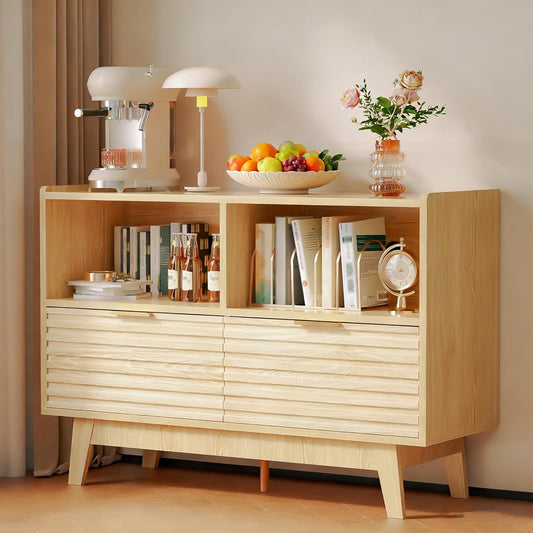 Fluted Buffet Sideboard Oak, Modern Storage Cabinet w/Cord Cutout