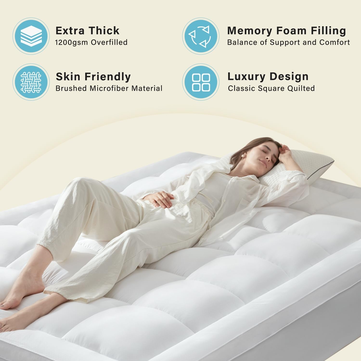 Mattress Topper Queen for Back Pain, Memory Foam Pillow Top Mattress Topper Queen, 5X Support Extra Thick Breathable Mattress Pad with 8-21" Deep Pocket, 60X80 Inches, White