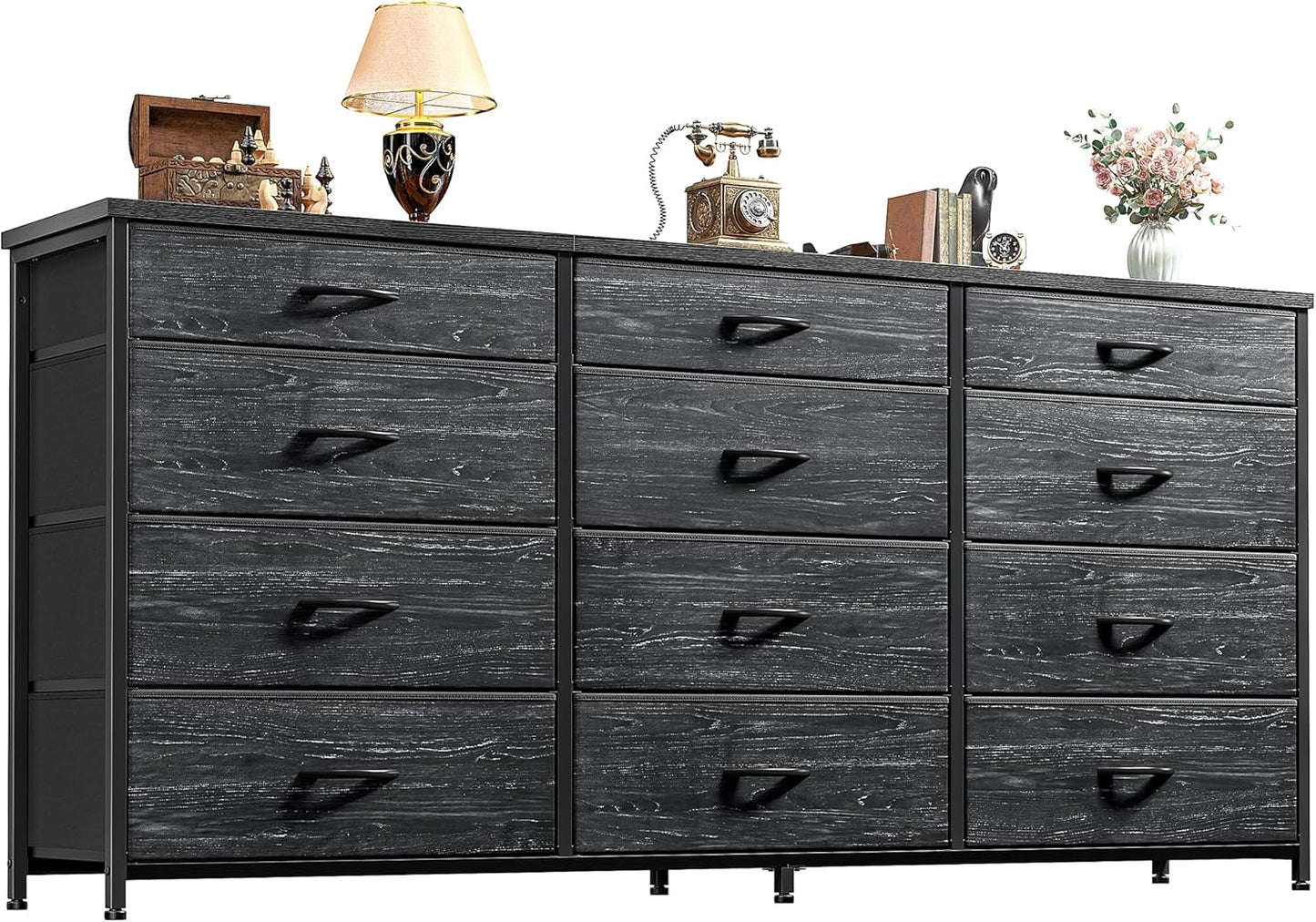 55" Long Dresser for Bedroom with 12 Fabric Drawers, Entertainment Center for 60 Inch TV Dressers & Chests of Drawers Large Organizer, Living Room, Metal Frame, Wood Top, Black