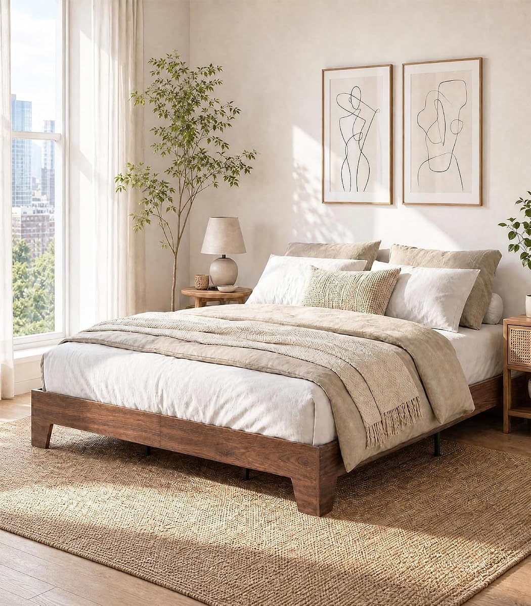 Full Size Bed Frame with Wooden Slats, Wood Platform Bed Frame, Low Profile Bed