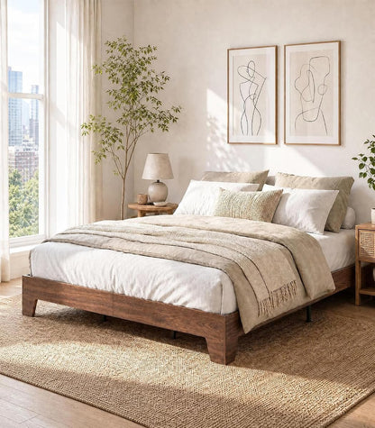 Full Size Bed Frame with Wooden Slats, Wood Platform Bed Frame, Low Profile Bed