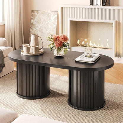 47" Fluted Coffee Table, Oval Coffee Table with 2 Storage Legs | Mid-Century Modern Center Tables with Sliding Doors, Coffee Tables for Living Room, Black