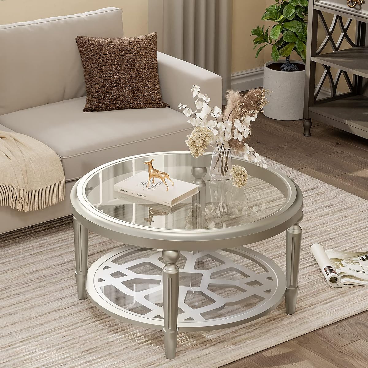 32" Round Glass Coffee Table with Storage, 2-Tier Modern Champagne Center Table for Living Room, Elegant Clear Glass Top Accent Table with Pine Wood Frame, Simple Home Office Furniture
