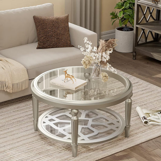 32" Round Glass Coffee Table with Storage, 2-Tier Modern Champagne Center Table for Living Room, Elegant Clear Glass Top Accent Table with Pine Wood Frame, Simple Home Office Furniture
