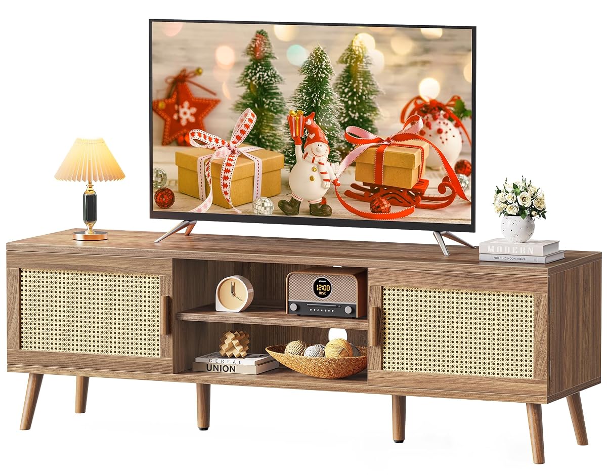 Boho TV Stand for 65 Inch TV, Entertainment Center with Adjustable Shelf, Rattan TV Console with 2 Cabinets, Media Console, Solid Wood Feet, 4 Cord Holes, for Living Room, Walnut