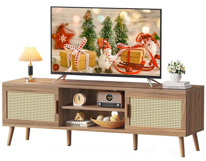 Boho TV Stand for 65 Inch TV, Entertainment Center with Adjustable Shelf, Rattan TV Console with 2 Cabinets, Media Console, Solid Wood Feet, 4 Cord Holes, for Living Room, Walnut