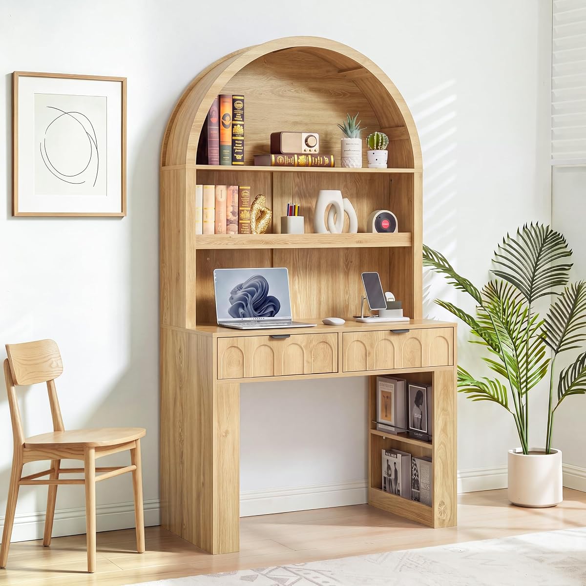 Arched Office Desk with Hutch, Natural, Desktop 39.4" Wx 19.7"D