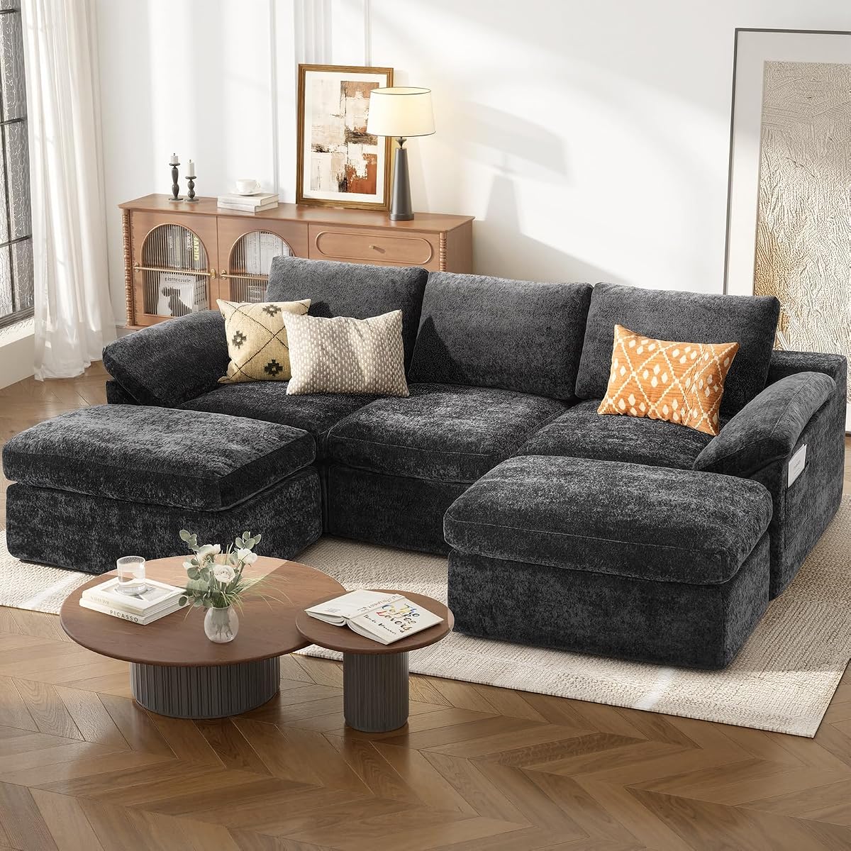 108" Cloud Couch Modular Sectional Sofa for Living Room, U-Shape Boneless Couch with Deep Seat, Modern 5-Seater with Ottoman, for Living Room, Bedroom, Office, No Assembly Required, Gray