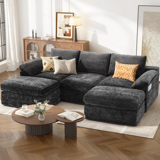 108" Cloud Couch Modular Sectional Sofa for Living Room, U-Shape Boneless Couch with Deep Seat, Modern 5-Seater with Ottoman, for Living Room, Bedroom, Office, No Assembly Required, Gray