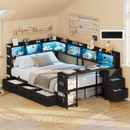 Full Corner Bed Frame with Bookcase Headboard and Hidden Storage, Black