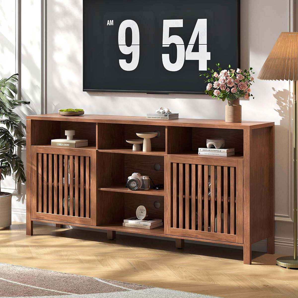 Farmhouse Brown TV Stand with Grille Doors, 5 Open Storage Compartments