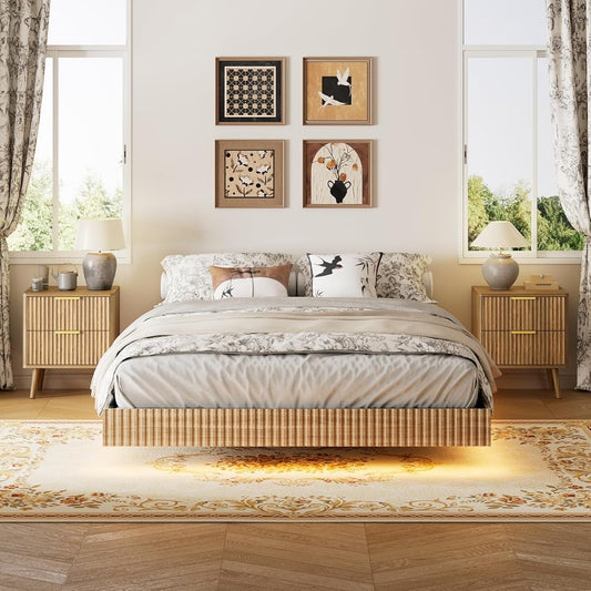 3 Pieces Queen Bedroom Set, Floating Bed Frame with Smart LED Lights & Nightstand Set of 2, Fluted Bedroom Furniture Set for Home, Bedroom, Walnut