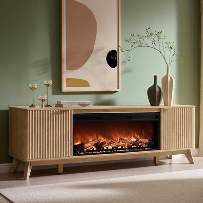 70" Fluted Fireplace TV Stand with 36" Electric Fireplace, Natural Oak