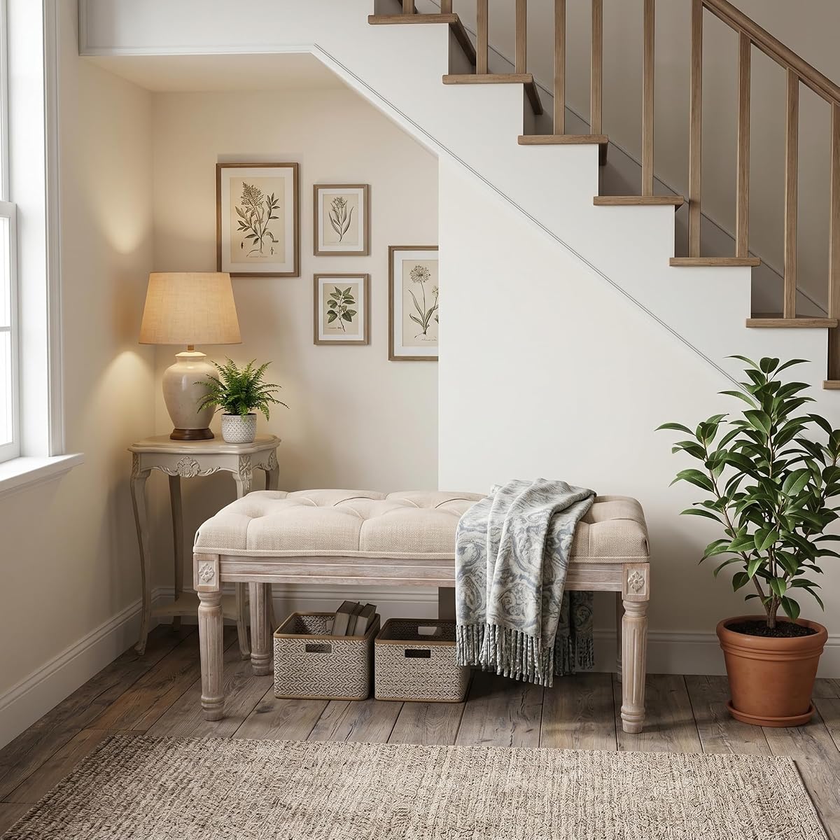 Upholstered Fabric Entryway Bench, Tufted Piano Bench for 2 People, Rubber Wood Legs with Beautiful Carved Pattern for Bedroom/Living Room/Dining Room (Beige)