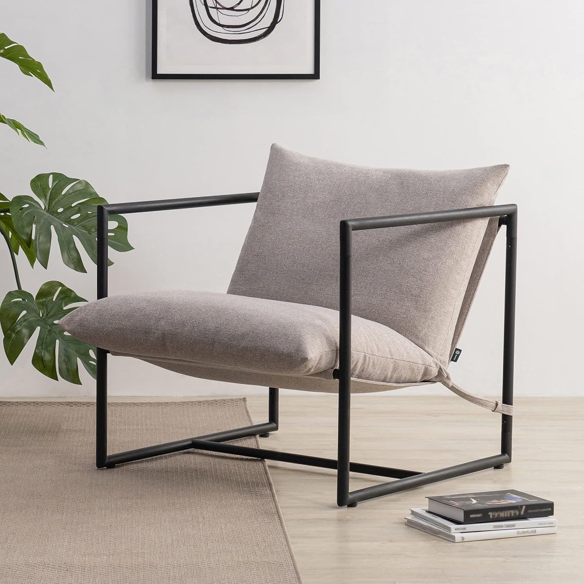 Zinus Aidan Sling Accent Chair, Metal Framed Armchair with Shredded Foam Cushioning, Oatmeal