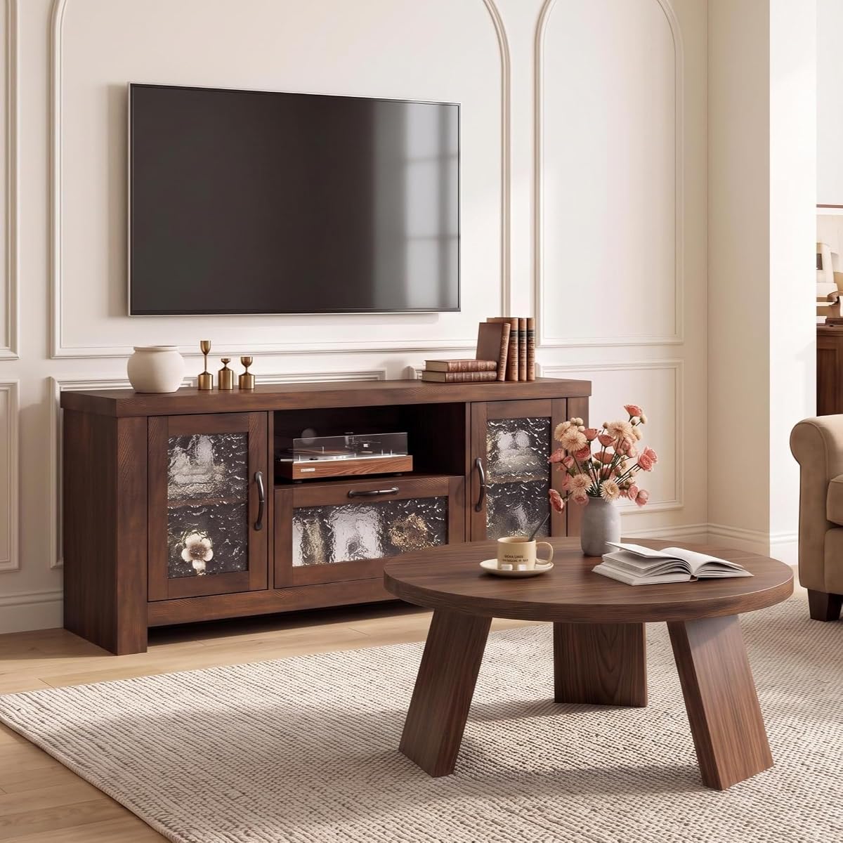 Farmhouse TV Stand, Inclined Legs Coffee Table, Set of 2, Brown