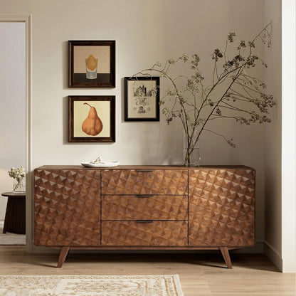 Sapa 71" Solid Wood Sideboard Buffet Cabinet, 3D Carved Geometric Doors