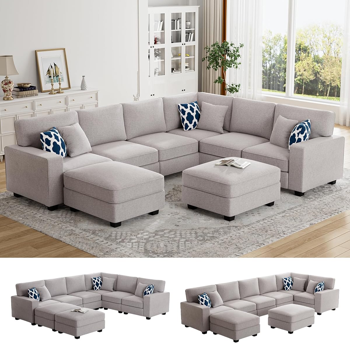 Oversized Modular Sectional Sofa,U/L‑Shaped Reversible Couch with Ottoman,Deep Seat Plush Polyester Sofa for Living Room,8‑Seater,Light Grey