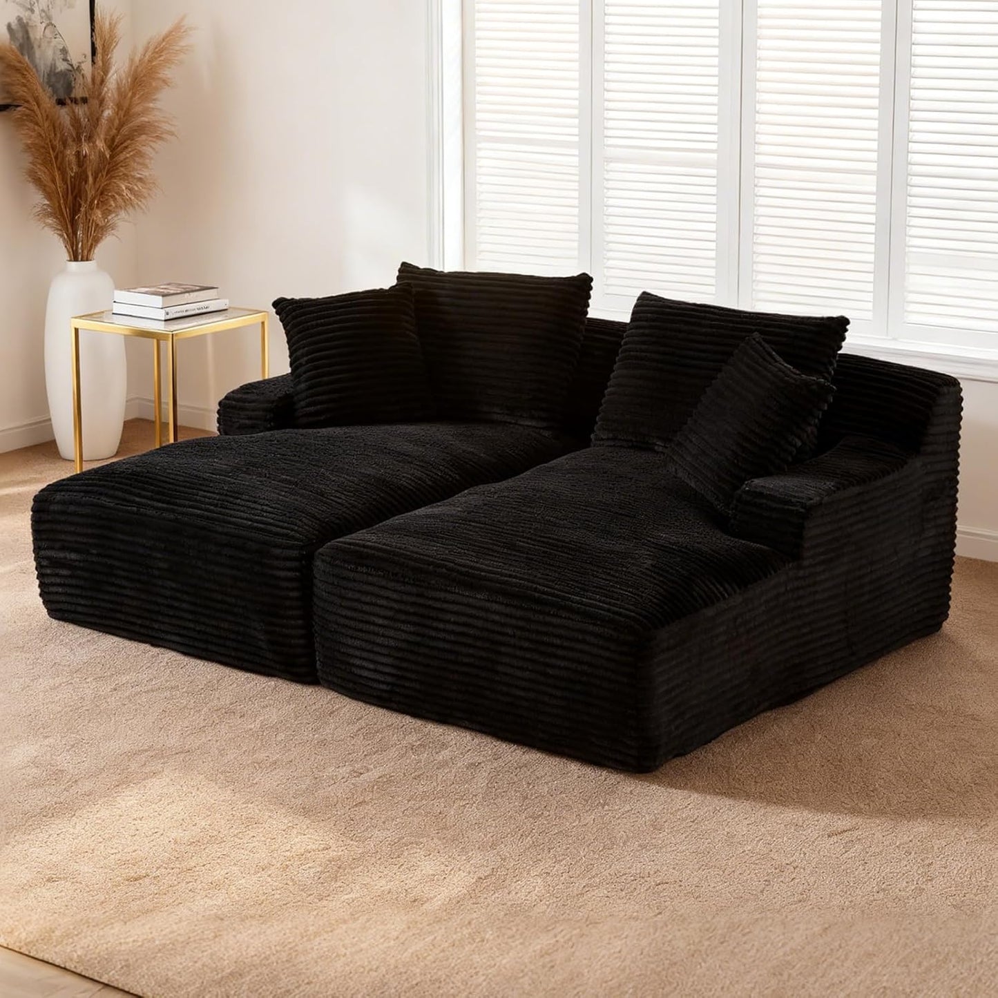 80" Double Chaise Lounge Chair Indoor, Oversized Boneless Couch Comfy Upholstered Sleeper Sofa Bed with 4 Pillows, Corduroy Cloud Loveseat Chair for Living Room No Assembly Required, Black