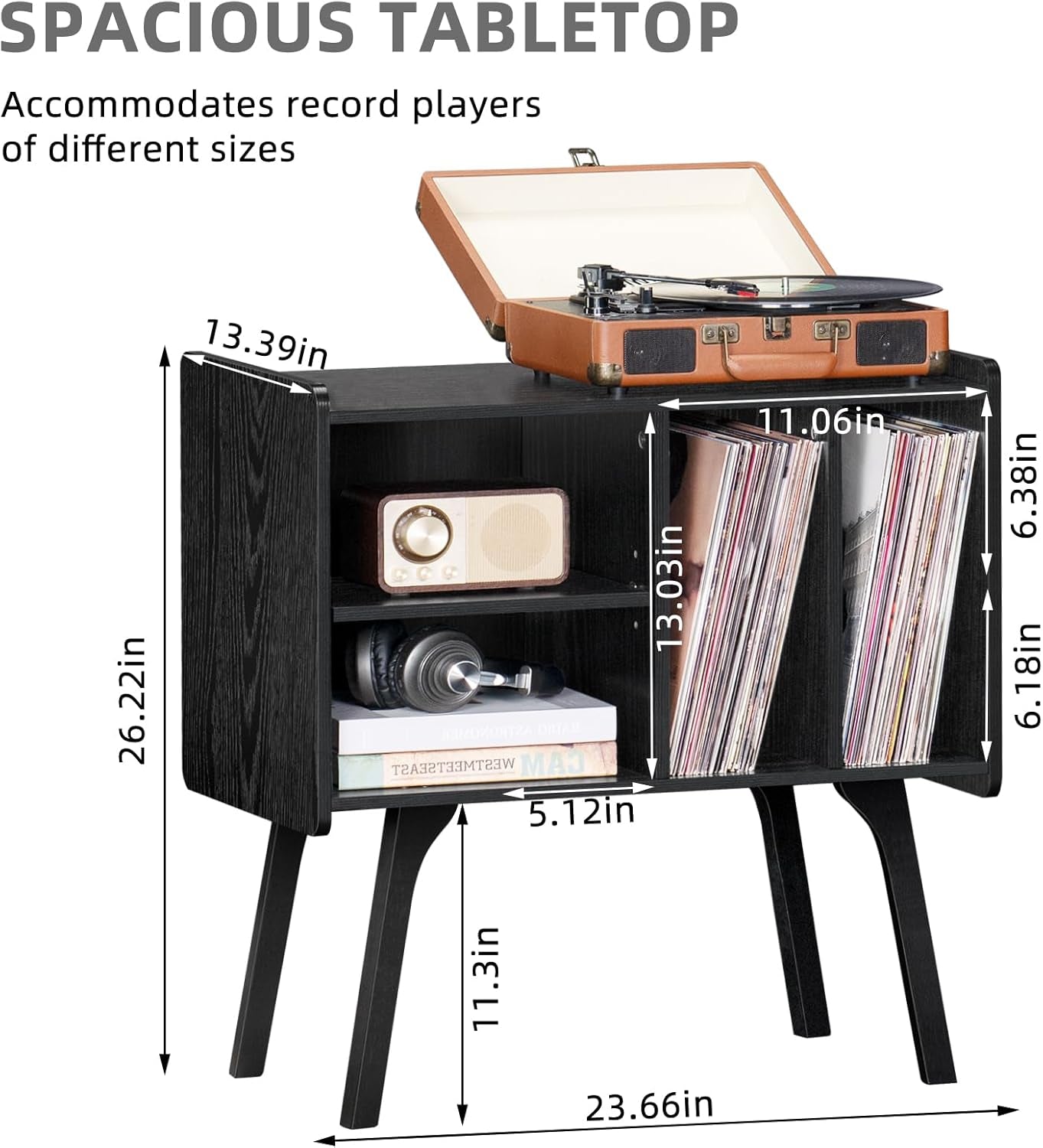 Record Player Stand,Vinyl Record Storage Table with 4 Cabinet up to 120 Albums,Mid-Century Turntable Stand with Wood Legs,Black Vinyl Holder Display Shelf for Bedroom Living Room