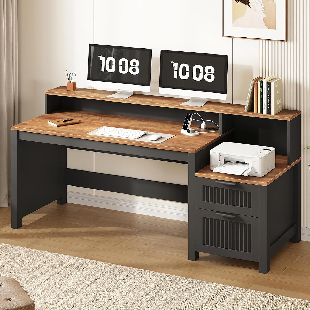 63" Fluted Computer Desk with Drawers & Printer Stand for Home Office