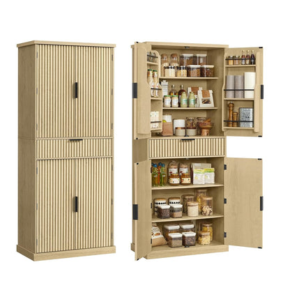 VASAGLE MAXE Collection - Pantry Cabinet, 70.6-Inch Tall Storage Cabinet with Drawer, 6 Adjustable Shelves, 2 Cabinets, Fluted Doors, Mid Century Modern, for Kitchen Living Room, Oak Beige UBBK365Y01