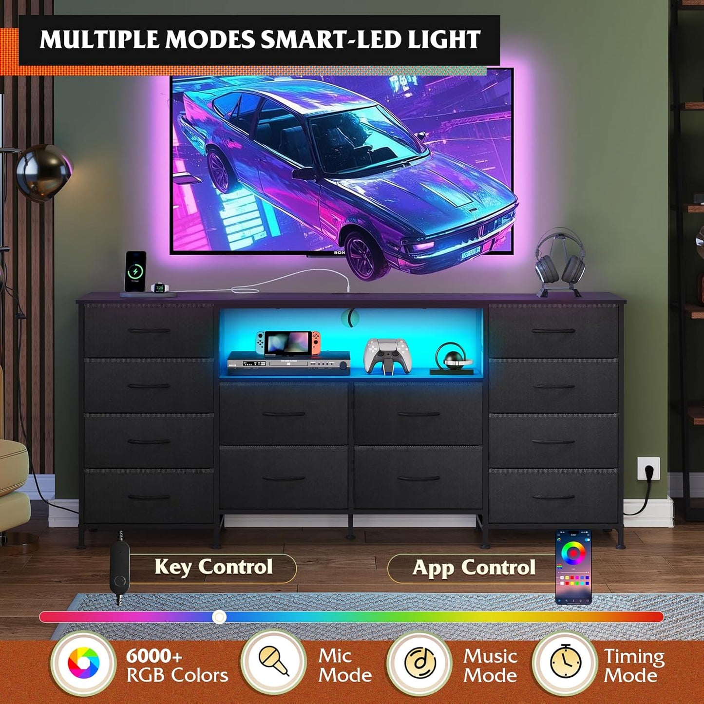 12 Drawer Dresser for Bedroom, Black Dresser TV Stand for 65, 70, 75 Inch TV with Led Light & Charging Station, Wide Chest of Drawers with Open Shelves, Fabric Dressers for Closet, Living Room