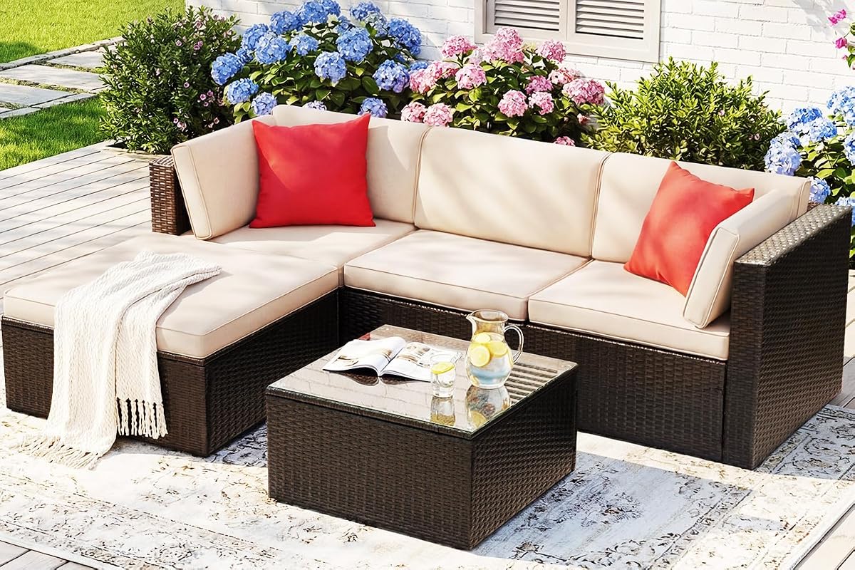 5 Pieces Patio Furniture Sets All Weather Outdoor Sectional Patio Sofa Manual Weaving Wicker Rattan Patio Seating Sofas with Cushion and Glass Table (Beige)