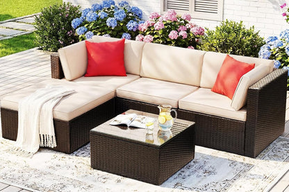 5 Pieces Patio Furniture Sets All Weather Outdoor Sectional Patio Sofa Manual Weaving Wicker Rattan Patio Seating Sofas with Cushion and Glass Table (Beige)